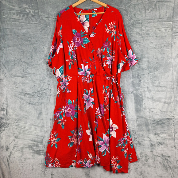 Womens Dress 3X Red Romantic Floral Wrap Tropical‎ Resort Feminine Vacation NWT - Picture 1 of 10